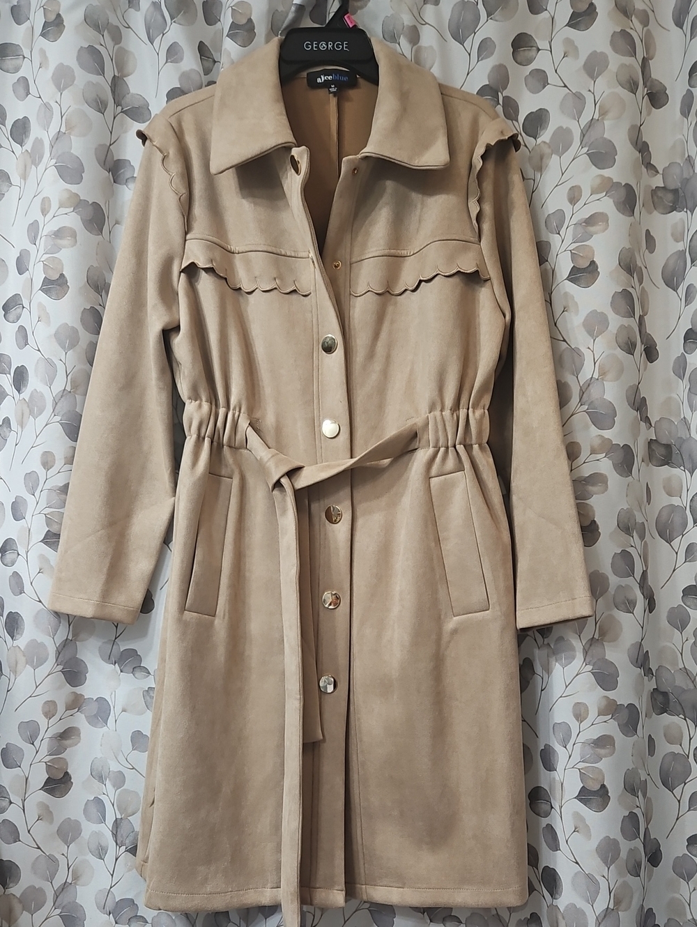 AliceBlue Beige Suede Belted Trench Coat